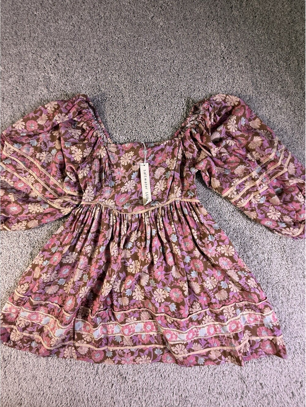 Saltwater LUXE Pardee Mini Dress Small Floral Puff Sleeve Smocked Back Boho